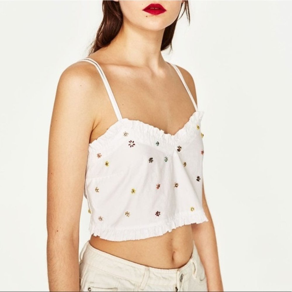 Zara Beaded White Crop Top